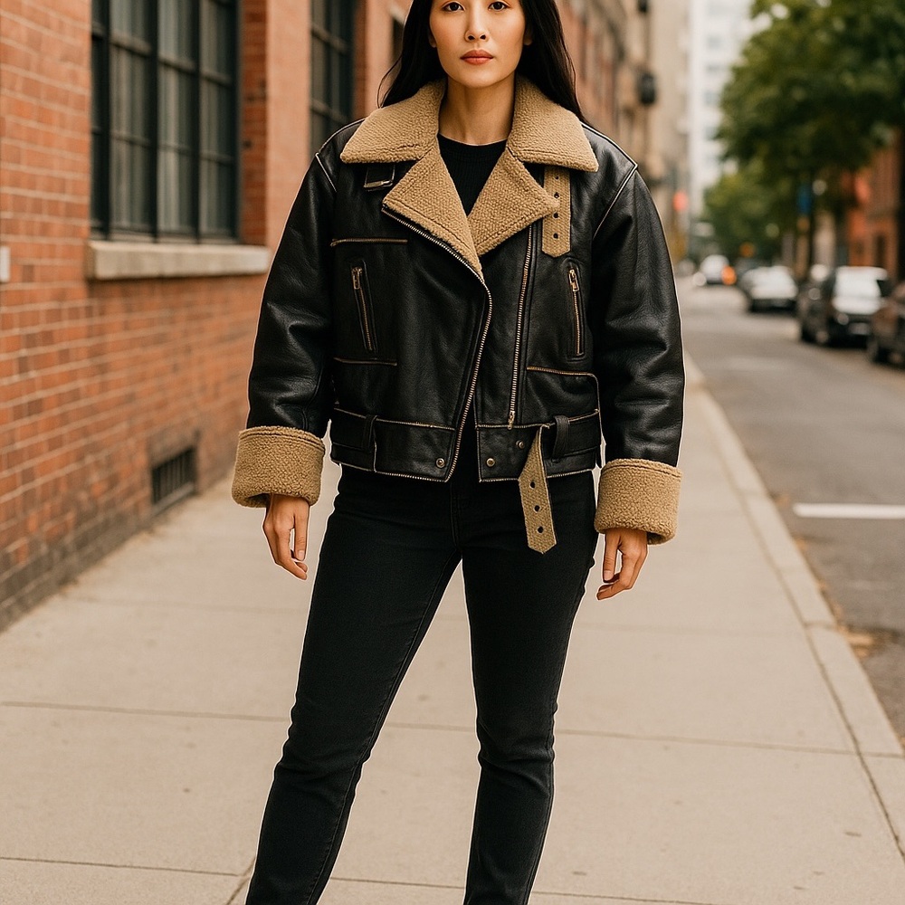 Tan and Black Leather Jacket with Shearling Details